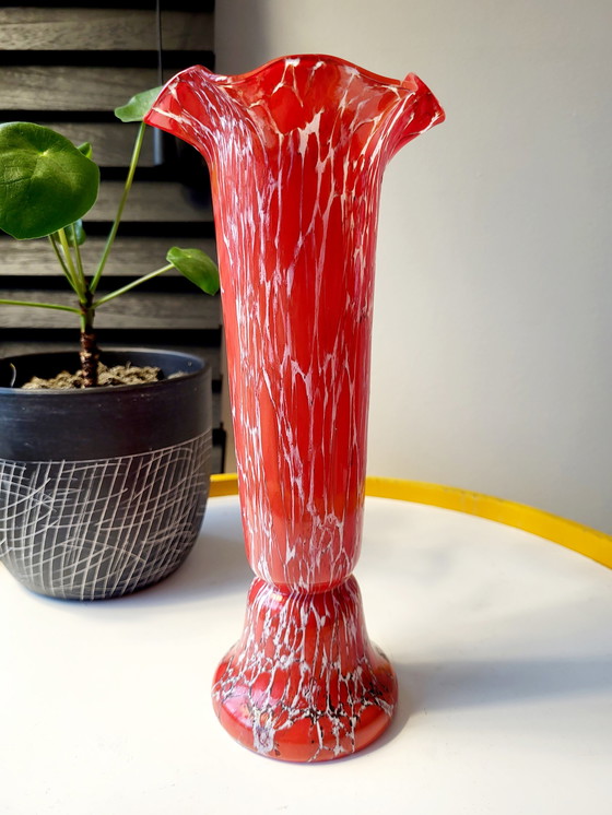 Image 1 of Art deco Bohemian glass vase, Red and white marble decor, Czech Republic