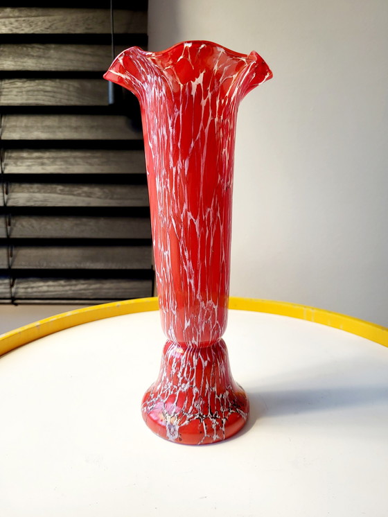 Image 1 of Art deco Bohemian glass vase, Red and white marble decor, Czech Republic