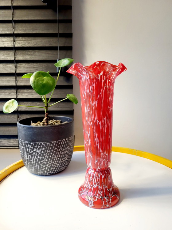 Image 1 of Art deco Bohemian glass vase, Red and white marble decor, Czech Republic