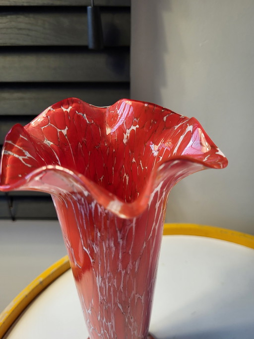 Art deco Bohemian glass vase, Red and white marble decor, Czech Republic