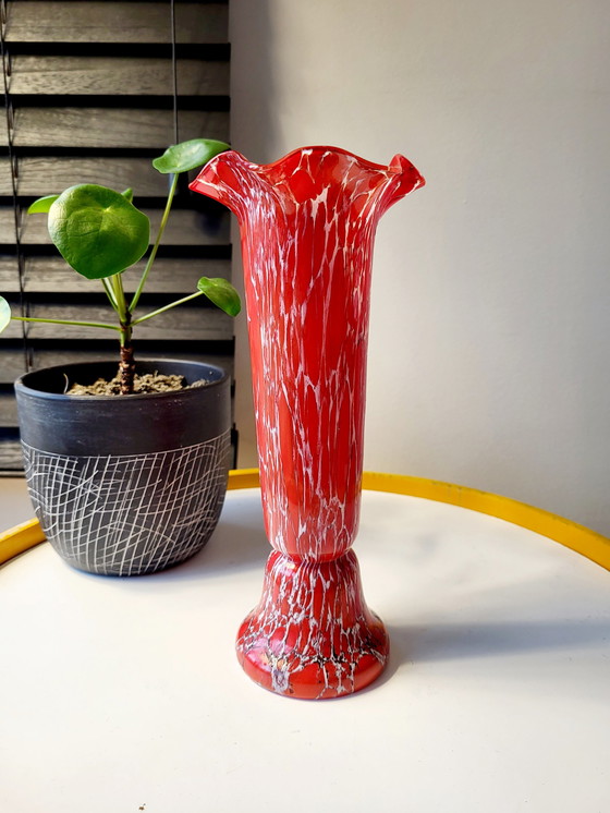 Image 1 of Art deco Bohemian glass vase, Red and white marble decor, Czech Republic