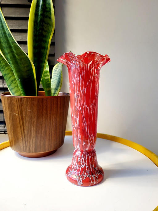 Art deco Bohemian glass vase, Red and white marble decor, Czech Republic