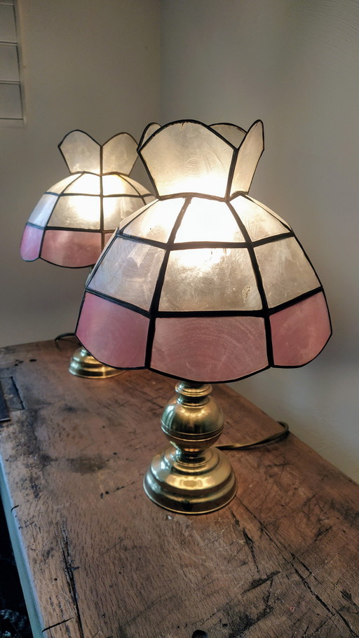 Pair Of Mother Of Pearl And Brass Bedside Lamps