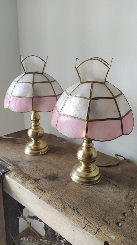 Image 1 of Pair Of Mother Of Pearl And Brass Bedside Lamps