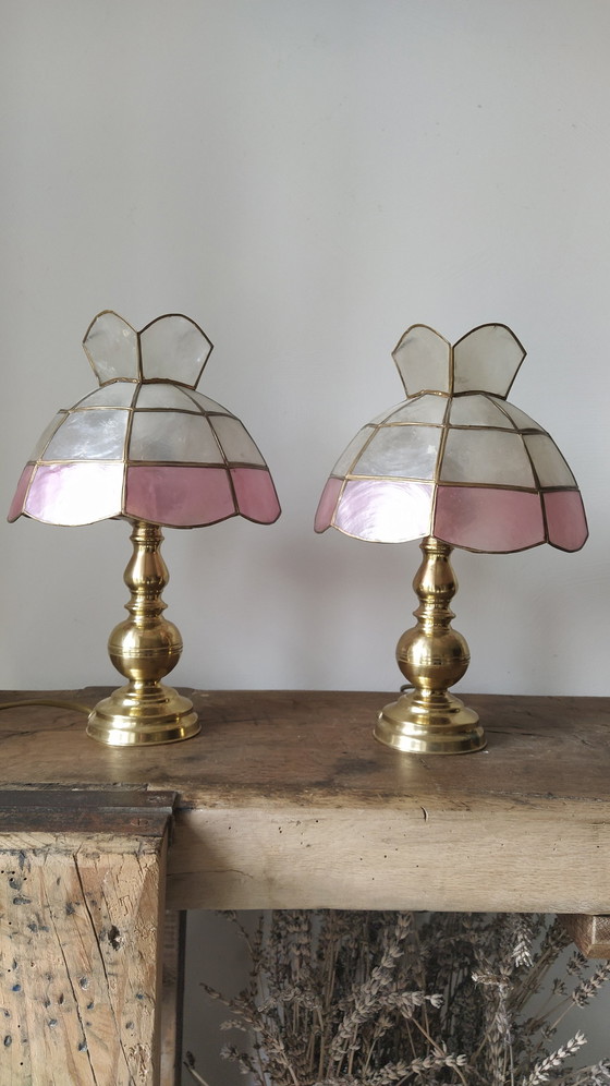 Image 1 of Pair Of Mother Of Pearl And Brass Bedside Lamps