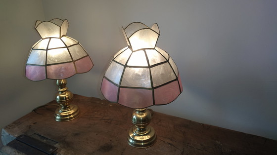 Image 1 of Pair Of Mother Of Pearl And Brass Bedside Lamps