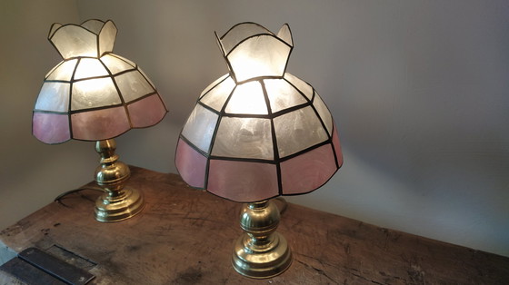 Image 1 of Pair Of Mother Of Pearl And Brass Bedside Lamps