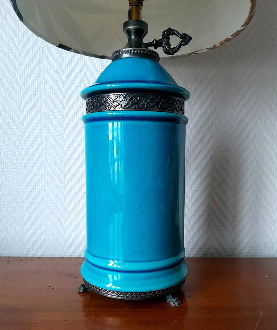 Image 1 of Lampada in ceramica blu con piedini ad artiglio e paralume giungla