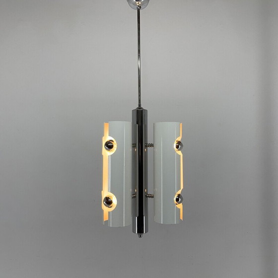 Image 1 of Vintage pendant lamp in chromed and white lacquered metal, Italy 1970s