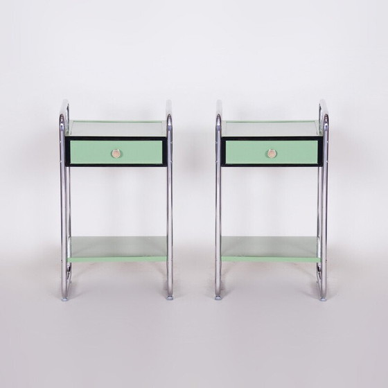 Image 1 of Coppia di comodini vintage Bauhaus in acciaio cromato e legno laccato, Cecoslovacchia 1930