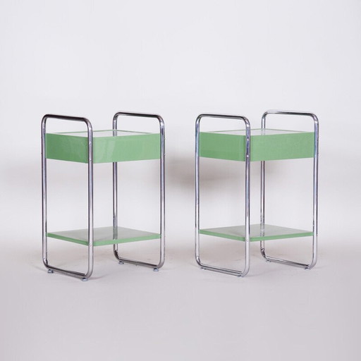 Pair of vintage Bauhaus bedside tables in chrome steel and lacquered wood, Czechoslovakia 1930