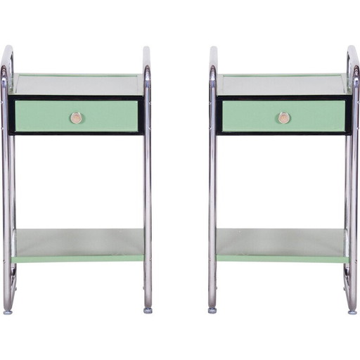 Pair of vintage Bauhaus bedside tables in chrome steel and lacquered wood, Czechoslovakia 1930