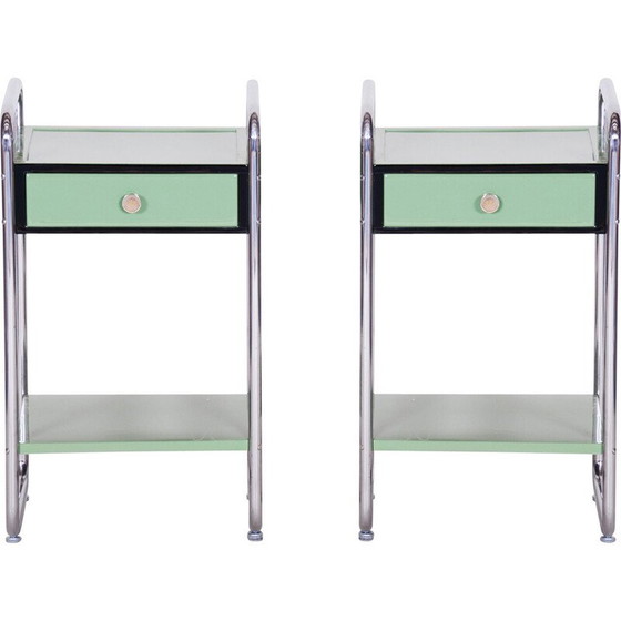 Image 1 of Coppia di comodini vintage Bauhaus in acciaio cromato e legno laccato, Cecoslovacchia 1930