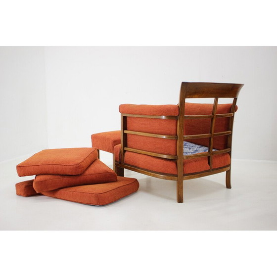 Image 1 of Vintage armchair with stool in mahogany and fabric, Czechoslovakia 1930