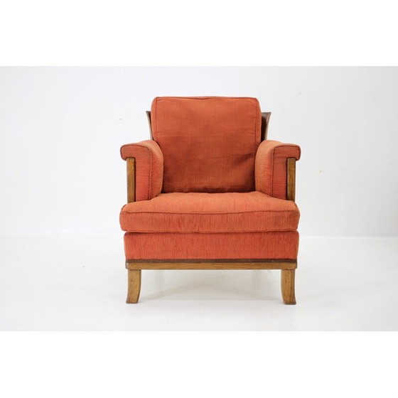 Image 1 of Vintage armchair with stool in mahogany and fabric, Czechoslovakia 1930