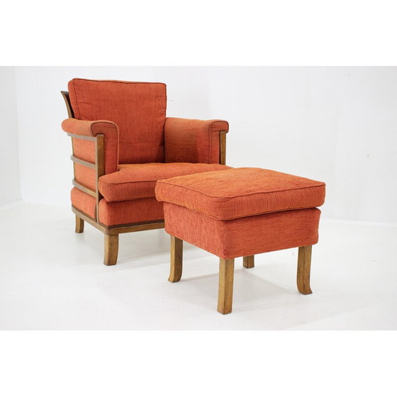 Image 1 of Vintage armchair with stool in mahogany and fabric, Czechoslovakia 1930