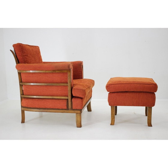Image 1 of Vintage armchair with stool in mahogany and fabric, Czechoslovakia 1930