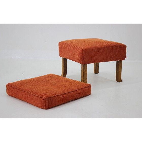 Image 1 of Vintage armchair with stool in mahogany and fabric, Czechoslovakia 1930