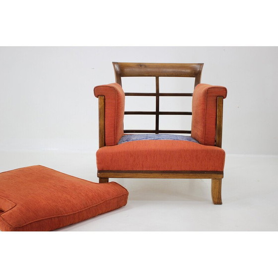 Image 1 of Vintage armchair with stool in mahogany and fabric, Czechoslovakia 1930