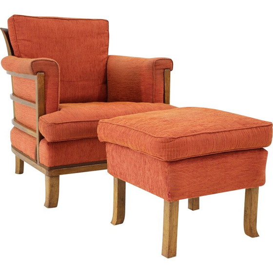 Image 1 of Vintage armchair with stool in mahogany and fabric, Czechoslovakia 1930