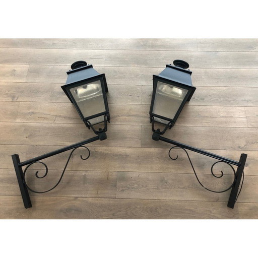 Pair of vintage wrought iron and sheet metal outdoor wall lamps, 1950