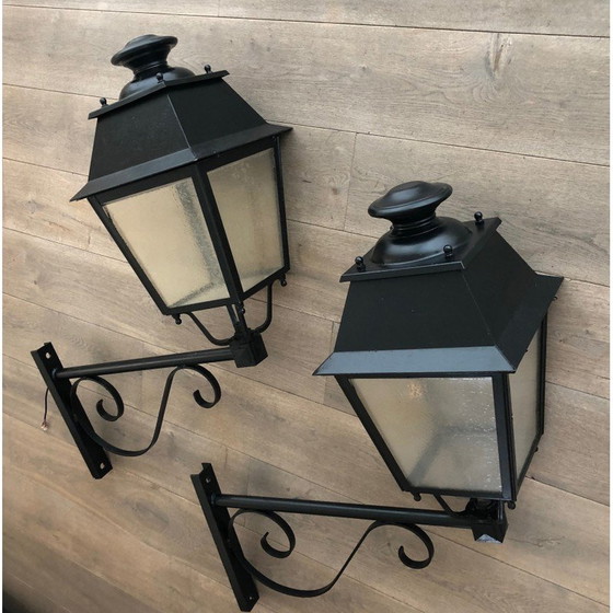 Image 1 of Pair of vintage wrought iron and sheet metal outdoor wall lamps, 1950