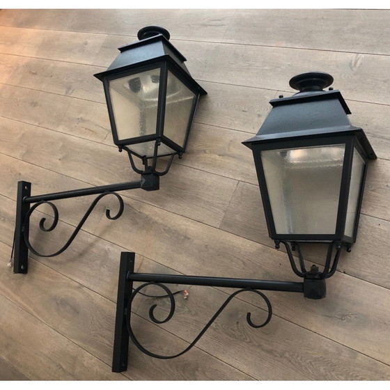 Image 1 of Pair of vintage wrought iron and sheet metal outdoor wall lamps, 1950