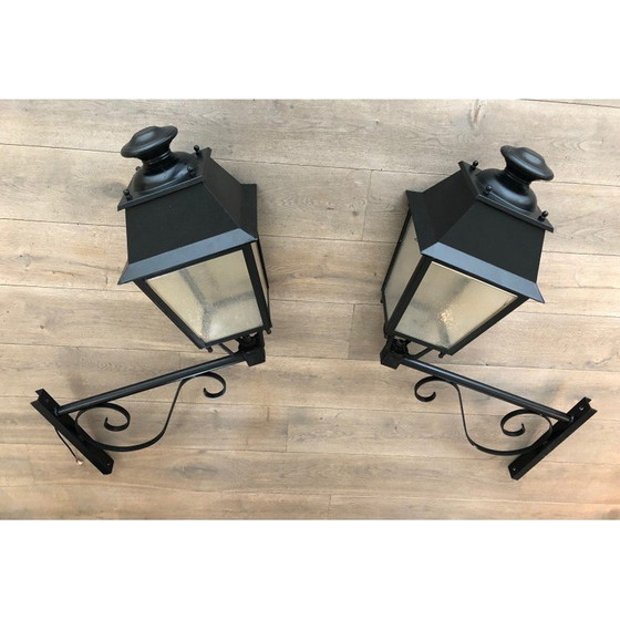 Image 1 of Pair of vintage wrought iron and sheet metal outdoor wall lamps, 1950