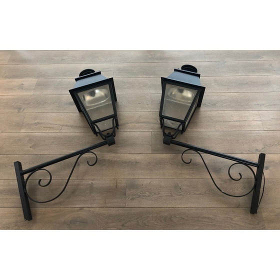 Image 1 of Pair of vintage wrought iron and sheet metal outdoor wall lamps, 1950