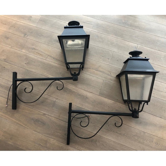 Image 1 of Pair of vintage wrought iron and sheet metal outdoor wall lamps, 1950