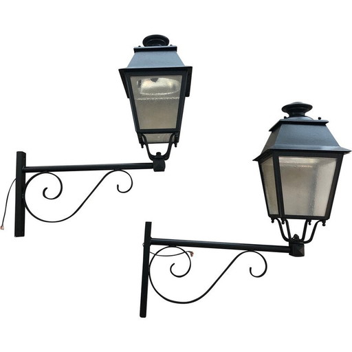 Pair of vintage wrought iron and sheet metal outdoor wall lamps, 1950