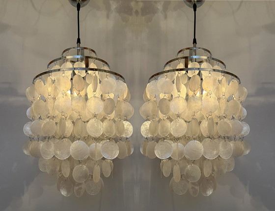 Image 1 of Lot de 2 lampes suspendues capiz Cadre chromé nacre opaline