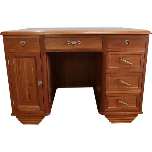 Vintage art deco desk in solid mahogany and leather, 1940