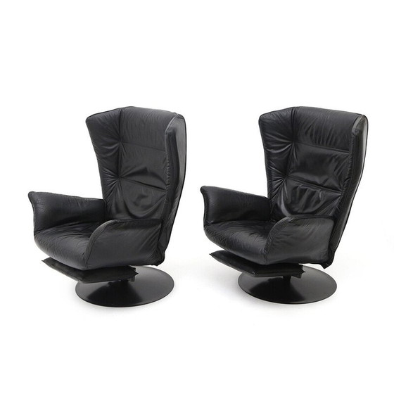 Image 1 of Pair of vintage reclining armchairs in metal and black leather, Italy 1970