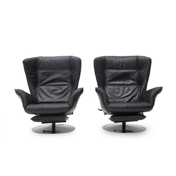 Image 1 of Pair of vintage reclining armchairs in metal and black leather, Italy 1970