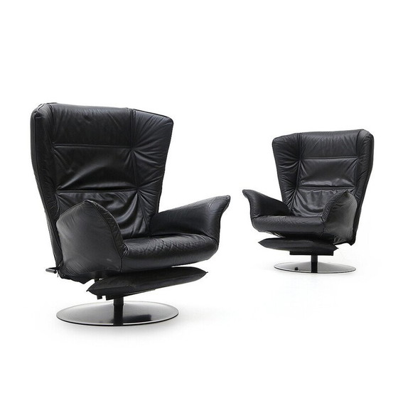 Image 1 of Pair of vintage reclining armchairs in metal and black leather, Italy 1970