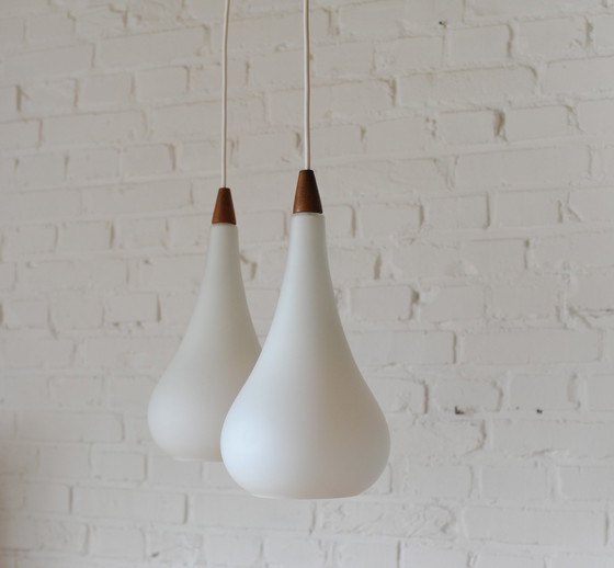 Image 1 of Set Of 2 Atmospheric Droplet Pendant Lamps Of Glass And Teaket Teak