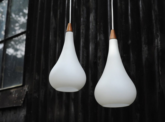 Image 1 of Set Of 2 Atmospheric Droplet Pendant Lamps Of Glass And Teaket Teak