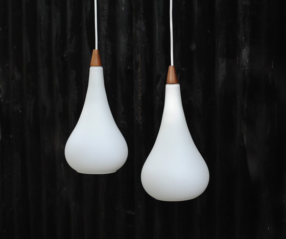 Image 1 of Set Of 2 Atmospheric Droplet Pendant Lamps Of Glass And Teaket Teak