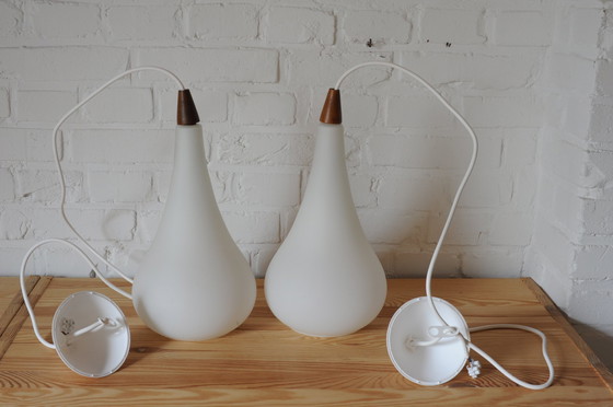 Image 1 of Set Of 2 Atmospheric Droplet Pendant Lamps Of Glass And Teaket Teak