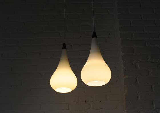 Image 1 of Set Of 2 Atmospheric Droplet Pendant Lamps Of Glass And Teaket Teak