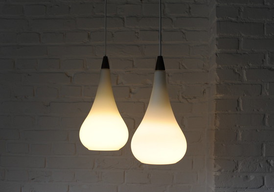 Image 1 of Set Of 2 Atmospheric Droplet Pendant Lamps Of Glass And Teaket Teak