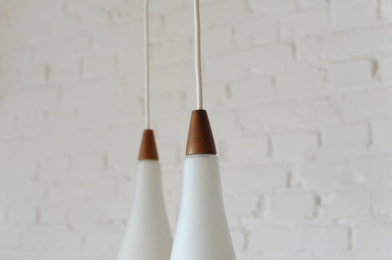 Image 1 of Set Of 2 Atmospheric Droplet Pendant Lamps Of Glass And Teaket Teak