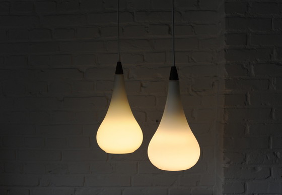 Image 1 of Set Of 2 Atmospheric Droplet Pendant Lamps Of Glass And Teaket Teak