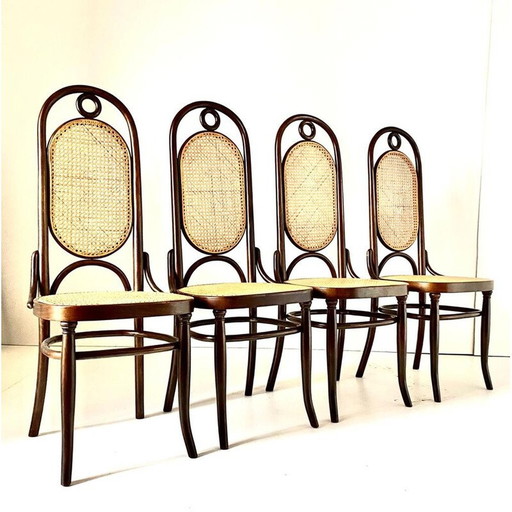 Conjunto de 4 sillas de comedor vintage de haya curvada, estilo Thonet, Austria, 1970