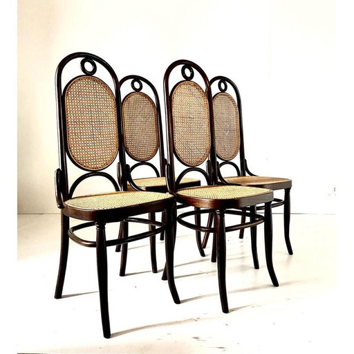 Conjunto de 4 sillas de comedor vintage de haya curvada, estilo Thonet, Austria, 1970