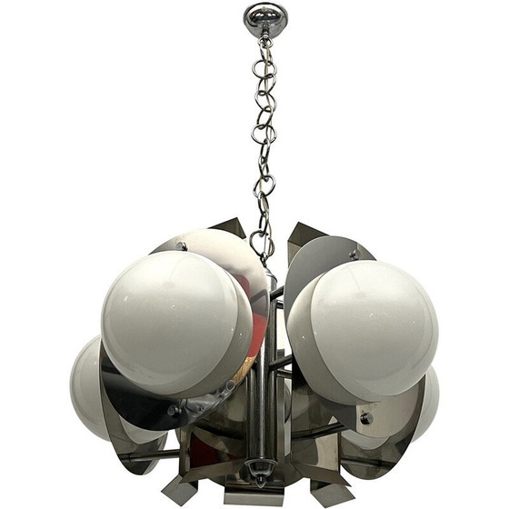 Image 1 of Vintage chrome and white glass chandelier, Italy 1970