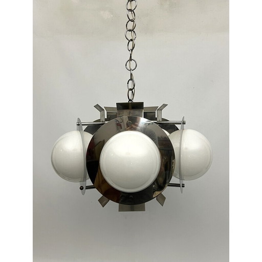Vintage chrome and white glass chandelier, Italy 1970