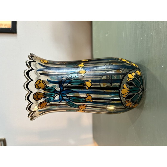 Image 1 of Vintage Art Deco vase with blue and yellow flowers