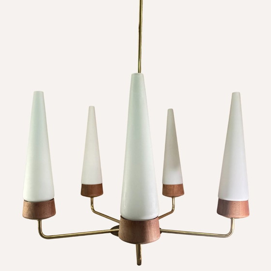 Image 1 of Teak, Brass And Opaline Chandelier By Rupert Nikoll, Austria, 1950S